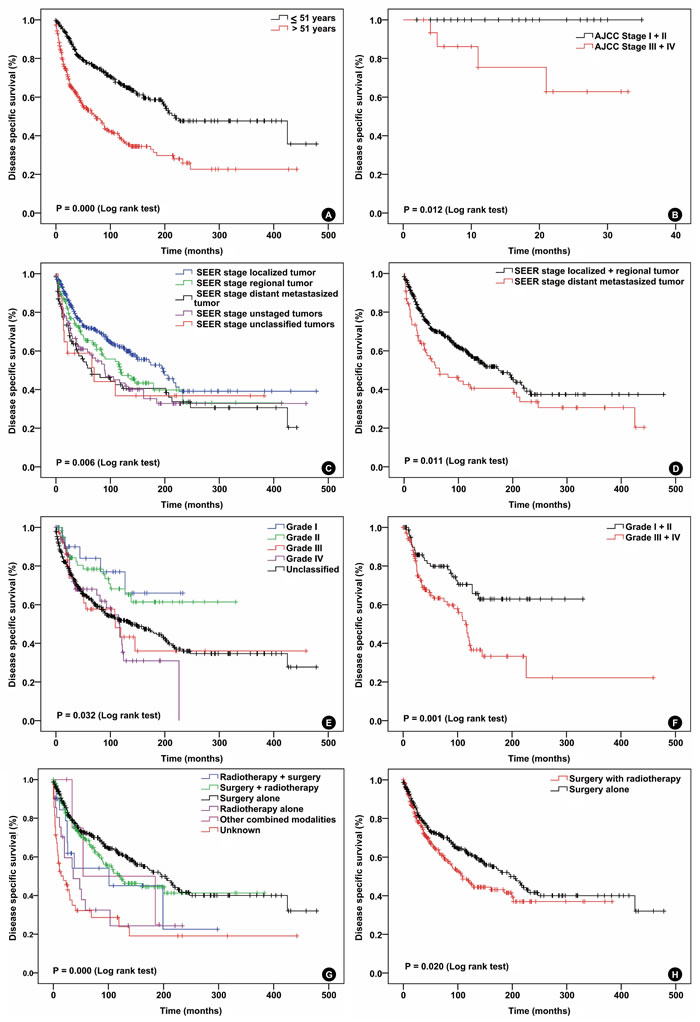 Disease specific survival curves of patients with solitary fibrous tumor compared according to (A) age, (B) AJCC stage, (C) and (D) SEER stage, (E) and (F) pathologic grade, (G) and (H) treatment modalities.