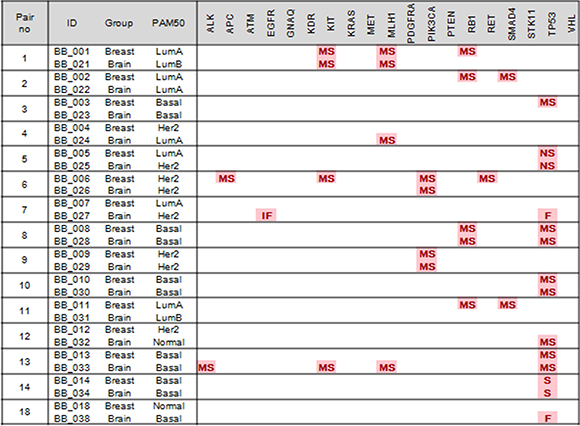 Gene expression profiles of the primary breast cancer were compared to those of brain metastasis from breast cancer (MS, missense; NS, non-sense; F, frameshift; IF, in-frame insertion/deletion; S, splicing).