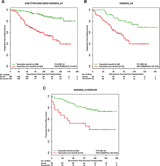 Kaplan-Meier estimates of recurrence-free survival in post-operative tamoxifen-treated patients of drug-free high-risk groups according to the tamoxifen therapy benefit predictive signature.