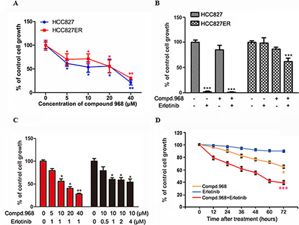 Combination of compound 968 and erlotinib has synergized inhibitory effects on the growth of HCC827ER cells.