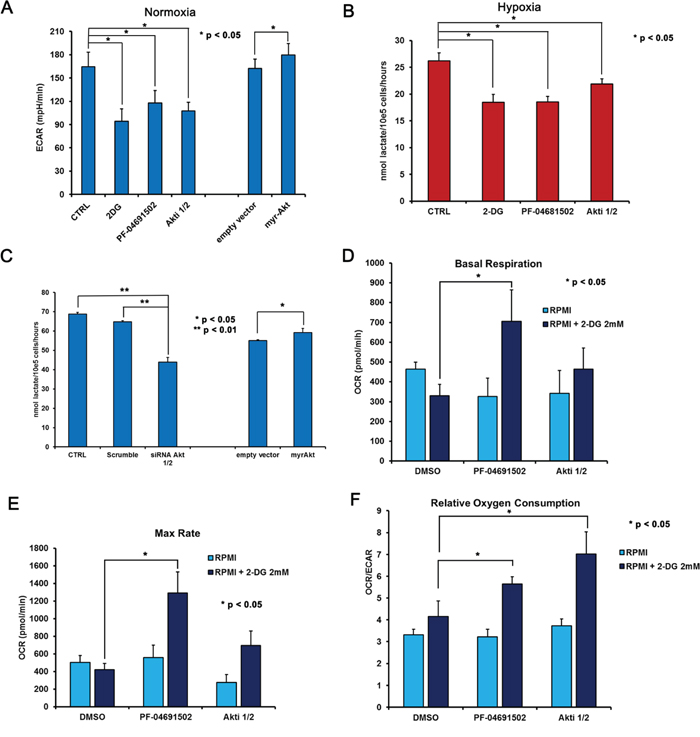 2-DG inhibition of glycolysis combined with Akt and PI3K/mTOR inhibition results in increased oxidative metabolism.