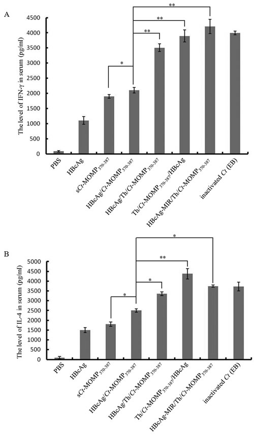 The levels of cytokines in the serum of mice immunized with different agents.