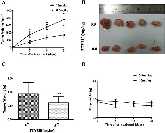 Inhibition of xenograft tumor growth by FTY720.