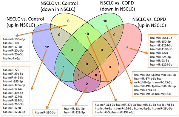 Venn diagrams for the four groups of up- and down-regulated miRNAs in the comparisons NSCLC versus controls and NSCLC versus COPD.