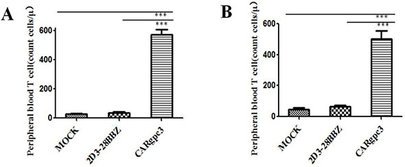 The quantities of GFP-positive CAR T cells in the peripheral blood of mice with s.c. established LSCC xenografts 2 weeks after T cell infusion.