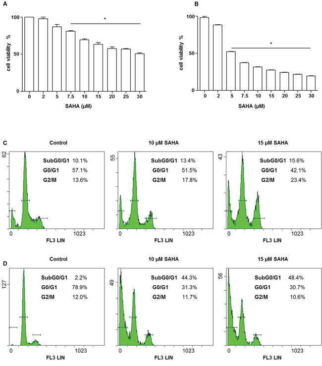 SAHA affects the viability and cycle of H292 cells.