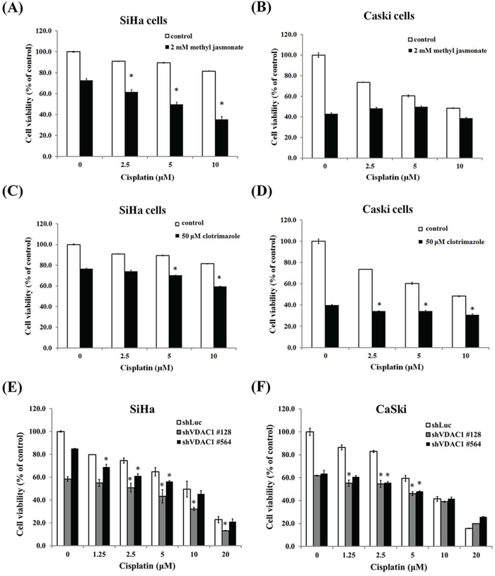 The effects of shVDAC1 and compounds disrupting VDAC1 and hexokinase interactions on the cytotoxicity of cisplatin in SiHa and CaSki cervical cancer cells.