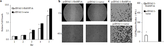 Inhibition of viability, migration and invasion of SGC-7901 cells by RASSF1A in vitro.