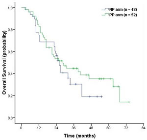 Kaplan-Meier curves of overall survival in the NP and PP arms.