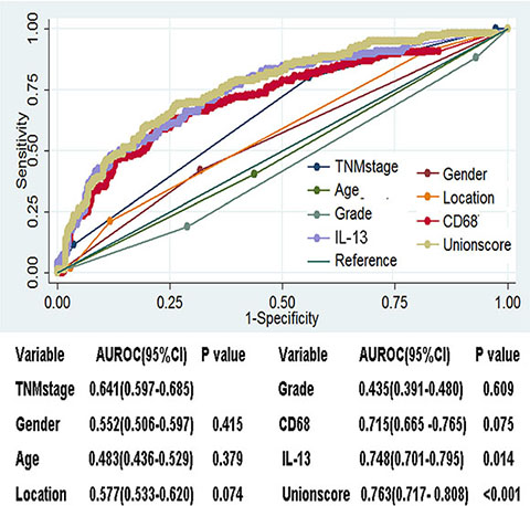 CD68 and IL-13 based model displayed superior prognosis function compared with TNM staging system and other clinicopathological factors as well as single immune marker.