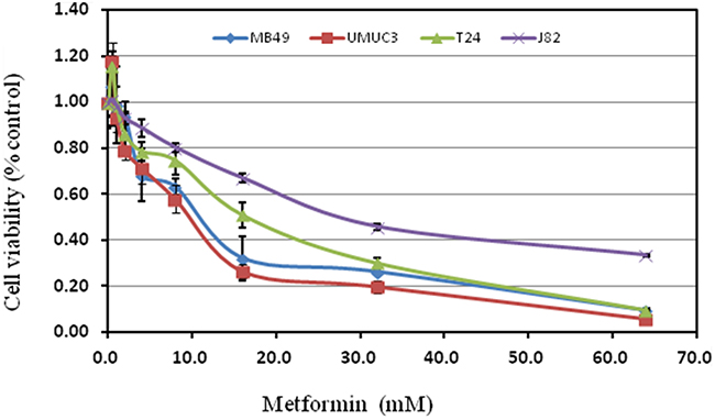 Treatment with metformin on cell proliferation of various bladder cancer cell lines.