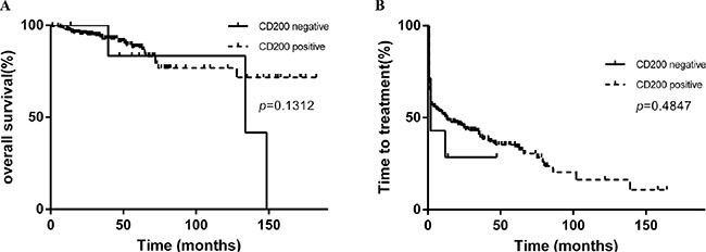 Kaplan-Meier curves of TTT and survival based on CD200 expression (positive versus negative).