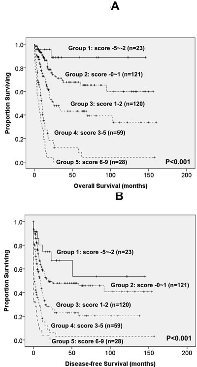 Kaplan-Meier survival curves for overall survival (A) and disease-free survival (B) in AML patients based on scoring system (