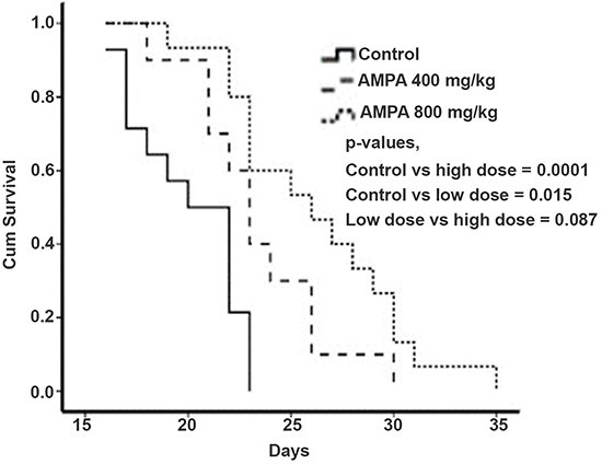 AMPA treatment prolongs the survival time of mice with prostate tumors.