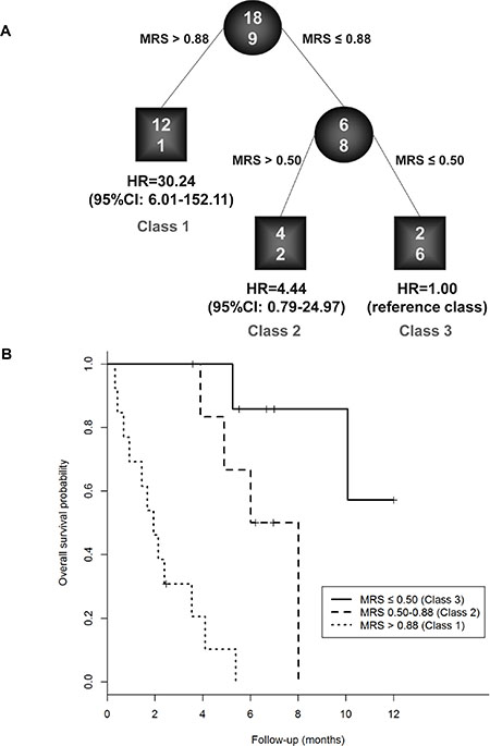 Identification of patients&#x2019; subgroups at different risks for one-year mortality: RECPAM survival tree (A) and Kaplan-Meier curves (B) for patients who belonged to low, intermediate and high risk classes for MRS.