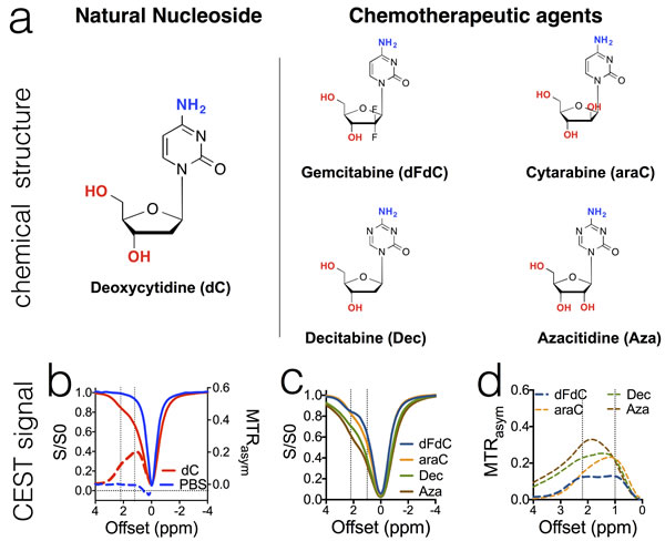 The chemical structure of cytidine- based agents (a) and their CEST MRI contrast, as shown both by z-spectra (b &amp; c) and MTR