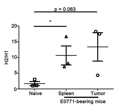 H2 levels are increased compared to H1 in monocytic MDSCs from E0771-bearing mice compared to na&iuml;ve mice.