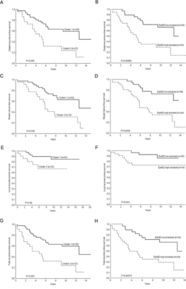 Kaplan-Meier Plots for breast cancer patients with lymph nodal infiltration.