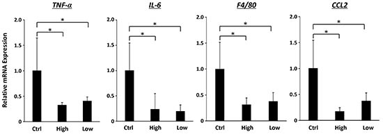 Effects of SA on expression levels of TNF-&#x03B1;, IL-6, F4/80 and CCL2 mRNAs in the WAT of the experimental mice.