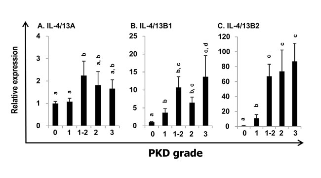 Modulation of the expression of trout IL-4/13A, B1 and B2 in kidney by parasite infection.
