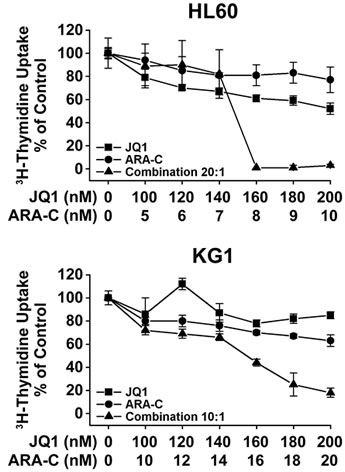 Synergistic growth-inhibitory effects of JQ1 and ARA-C on growth of AML cells.