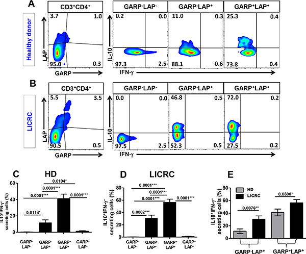 Intracellular cytokine secretion from different GARP+/&#x2013;LAP+/&#x2013; CD4+ T cell subsets.
