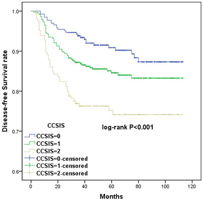 Kaplan-Meier curves showing the relationship between disease-free survival (DFS) in cervical cancer patients and CCSIS.