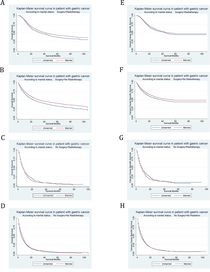 Kaplan-Meier Survival curves: The overall and cancer-caused specific survival of patients with gastric cancer according to marital status by treatments.