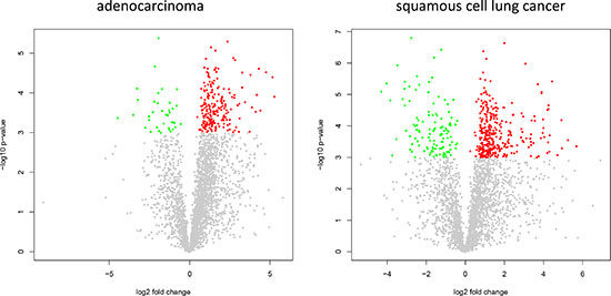 Volcano plots for adenocarcinoma and SCC.