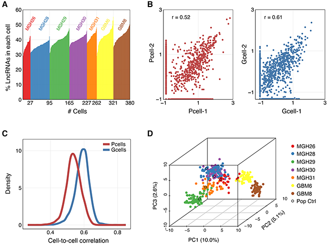 Characterization and correlation between single cell profiles of selected lncRNAs.