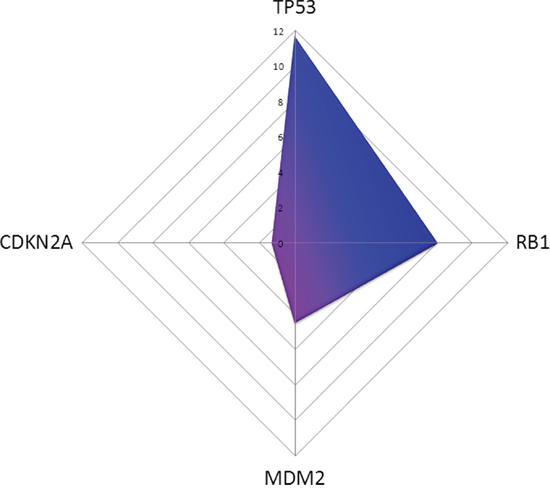 In silico prediction of miRNAs affecting TP53 pathway members in MDM2-negativ tumours compared to MDM2-positive ones is shown.