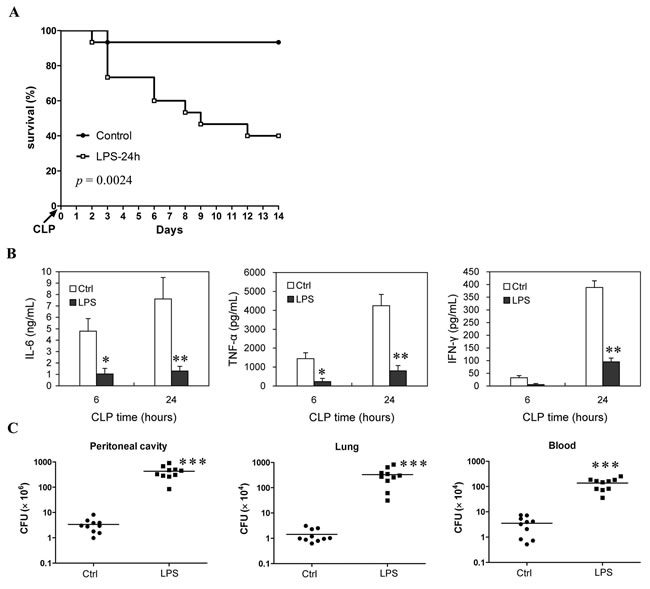 Survival rate and immune response ability of the LPS-induced sepsis mice when they are challenged with chronic CLP at the late phase of sepsis.