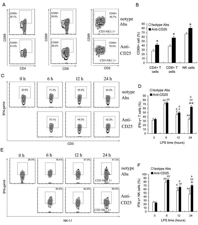 Depletion of T regs increases the activation of T and NK cells at the late phase of sepsis in LPS-induced sepsis mice.