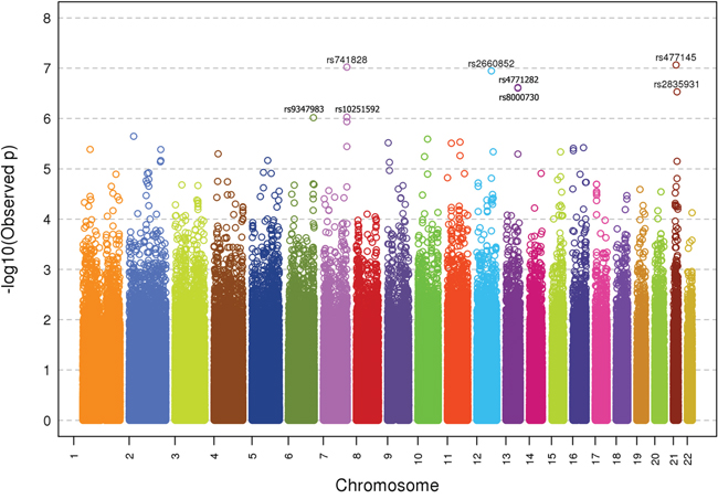 &#x2013;Log10 p-values for association analysis of DNA from 515 CUP patients and 6227 healthy controls.