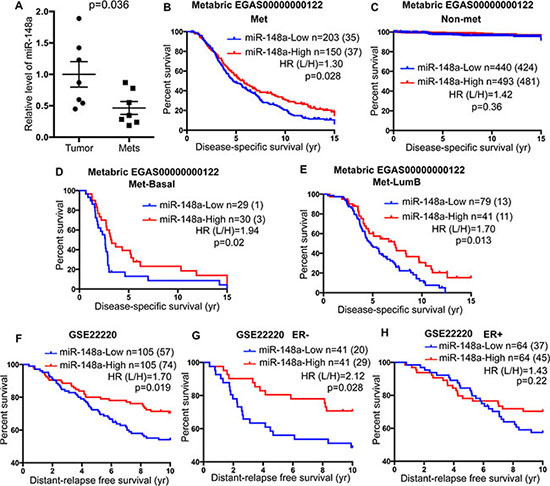 Low expression of miR-148a is associated with poor prognosis of breast cancer patients.