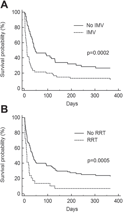 Kaplan-Meier survival curves for allogeneic hematopoietic stem-cell transplantation recipients.