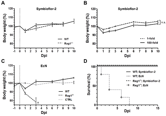 Rag1-/- mice succumb to infection by EcN, while tolerable to Symbioflor-2.
