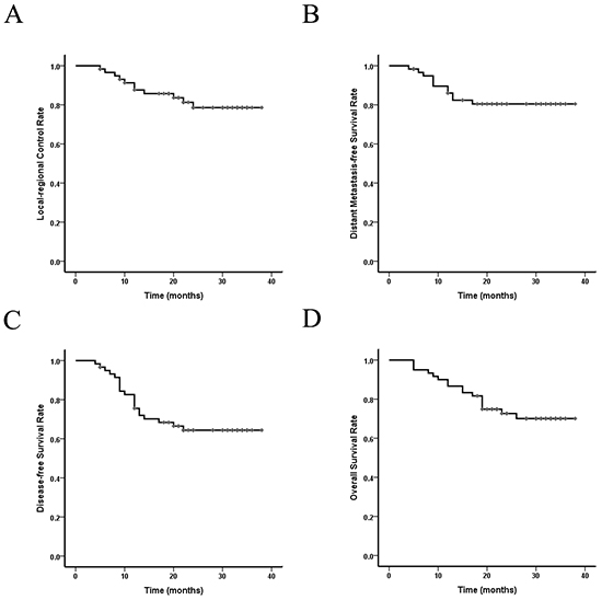 Local-regional control and survival curves of the 60 EC patients who received SMART combined with chemotherapy.