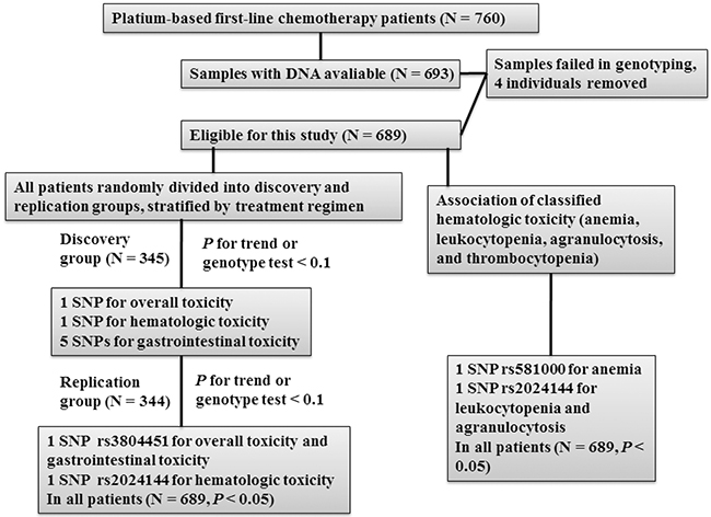 Patient recruitment strategy, including selection of eligible cases and a two-phase screening of single nucleotide polymorphisms (SNPs) associated with toxicity of platinum-based chemotherapy.