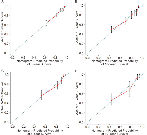 The calibration plots for predicting patient cancer-specific survival at each time point in the training cohort (A-B) and validation cohort (C-D).