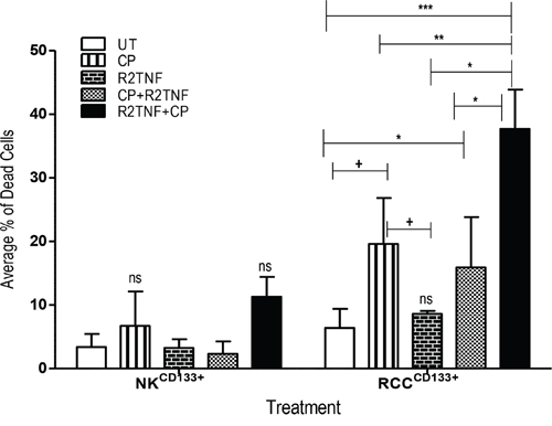Flow cytometry analysis showing the effect of cyclophosphamide (CP) in cultures of tissue-enriched CD133+cells from ccRCC and NK (RCCCD133+ and NKCD133+) treated with R2TNF before and after CP or with CP alone.
