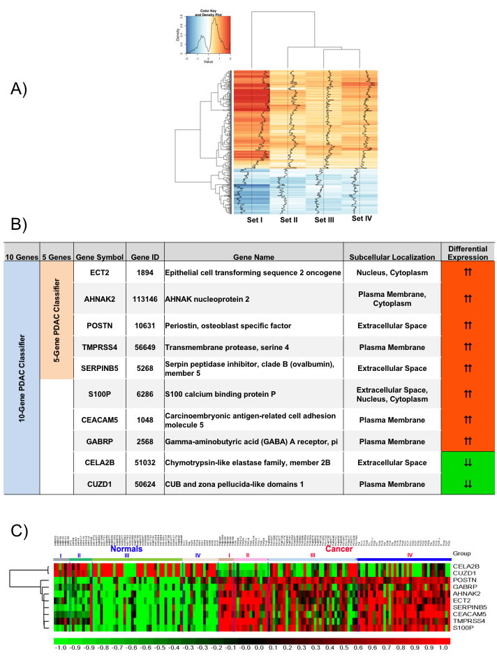 Meta-signature of genes that are consistently differentially expressed in multiple datasets and candidate PDAC diagnostic biomarker panels.