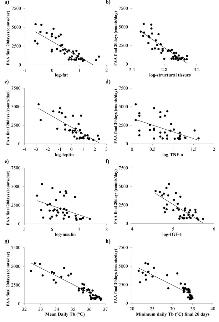 Significant associations between the levels of food anticipatory activity (FAA) averaged over the final 20 days of restriction and body composition, levels of circulating hormones and body temperature (T