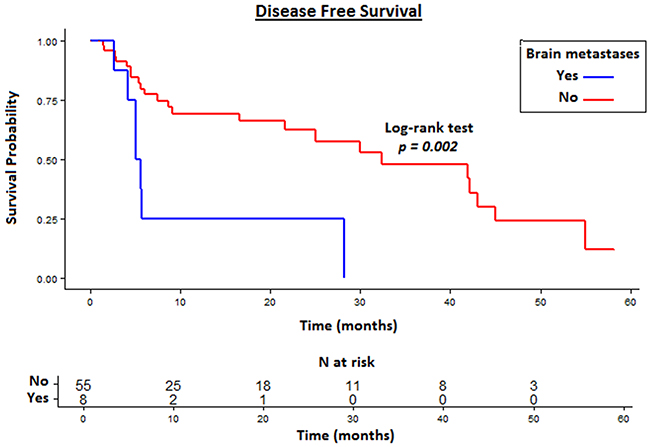 Disease Free Survival (DFS) in patients with CR of brain metastases compared to other metastatic sites.