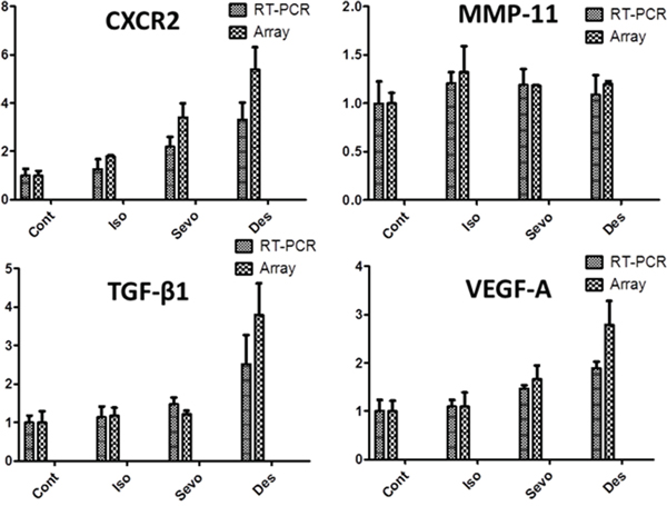 Isoflurane, Sevoflurane and Desflurane alter mRNA expression levels of tumour metastasis genes shown by RT-PCR.