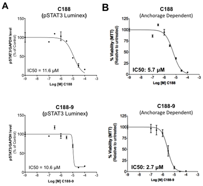 Inhibition of constitutive pSTAT3 and pSTAT1 and resultantly growth of HNSCC cells by C188-9.