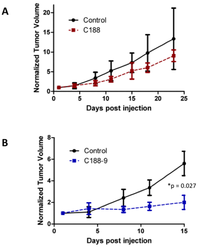 C188-9 efficiently targets STAT3 in HNSCC xenografts and inhibits tumor growth in nude mice.