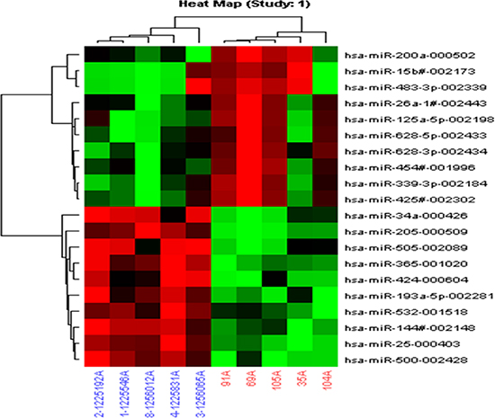 Differentially expressed miRNAs in lung cancer plasma samples compared to those in control plasma samples determined by TLDA.