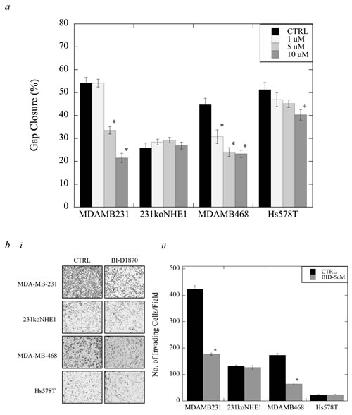 Effect of BI-D1870 on migration and invasion in MDA-MB-231, MDA-MB-468, and Hs578T cells, compared to 231koNHE1 cells.