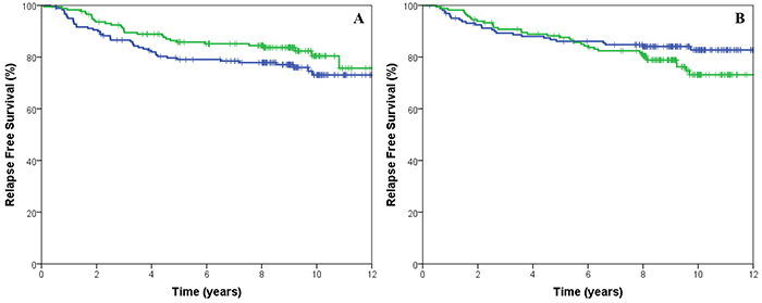 Kaplan-Meier survival curves for cyclophosphamide, epirubicin and fluorouracil (CEF, blue) treated with cyclophosphamide, epirubicin and paclitaxel (EC/T, green line) for relapse free survival stratified by low CIN4 expression.